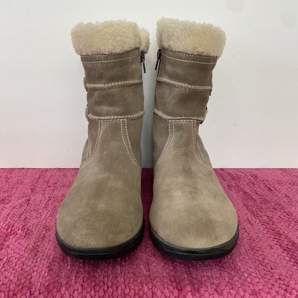 Clarks Bendables Suede Leather Faux Fur Ankle Boots Tan/Taupe Size 9.5 - Picture 2 of 10